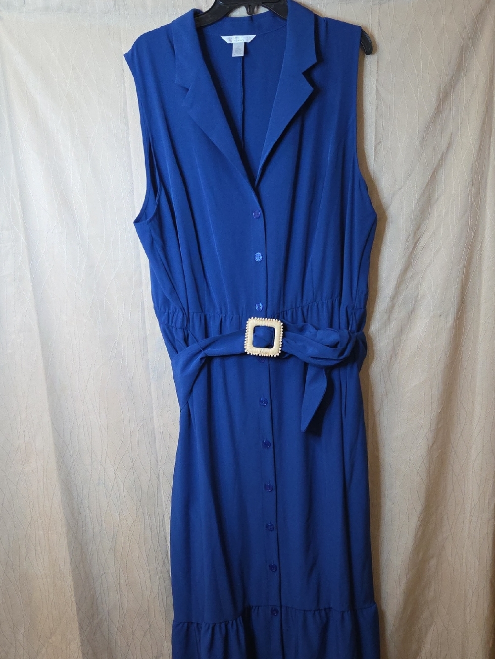 London Times Sleeveless Button-Front Maxi Dress in Royal Blue with Buckle Belt